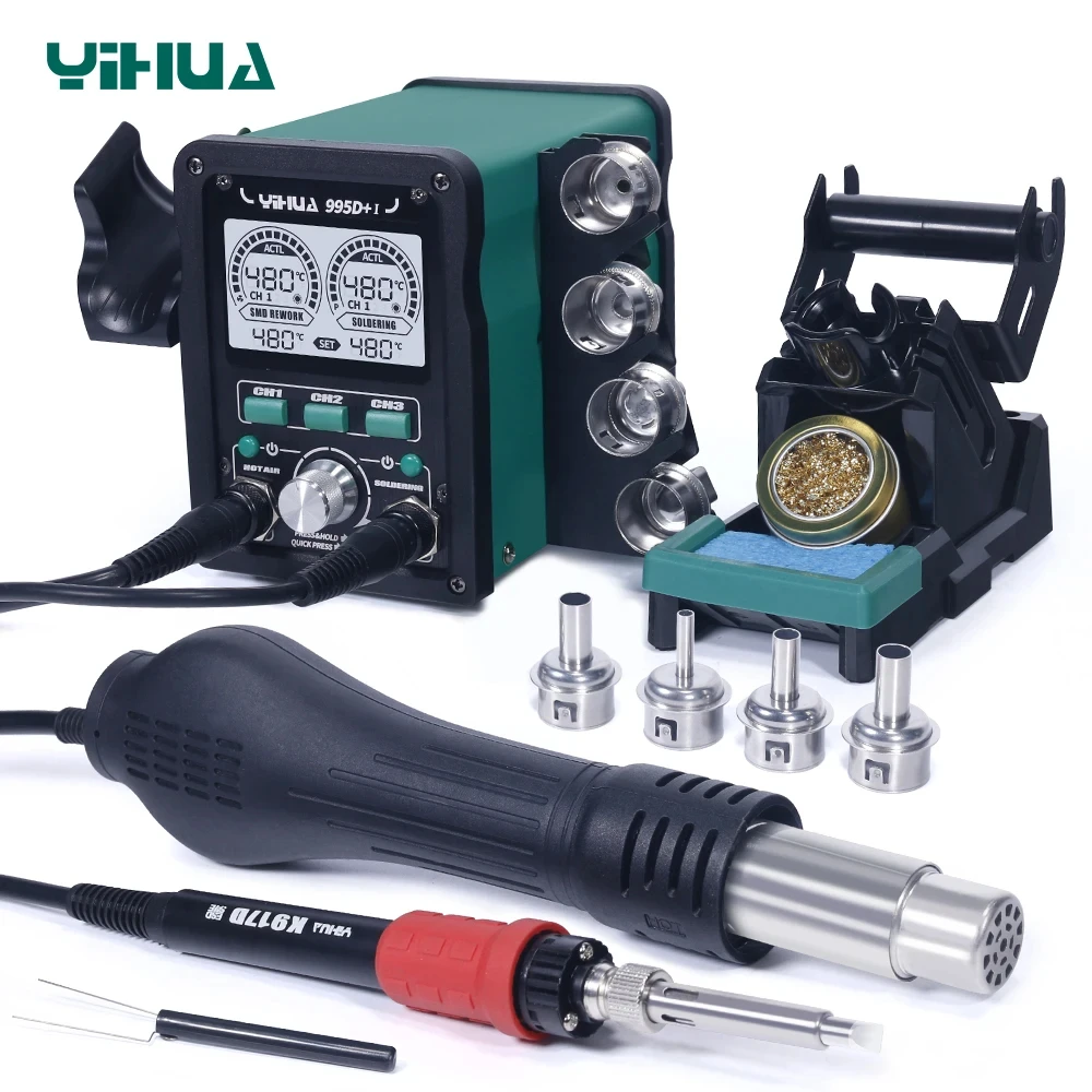 YIHUA 995D+I New Upgraded Nozzle Easy Plug-pull Hot Air Rework Station 110W Soldering Iron Station with Large Digital Display soldering tool soldering station soldering iron desoldering station
