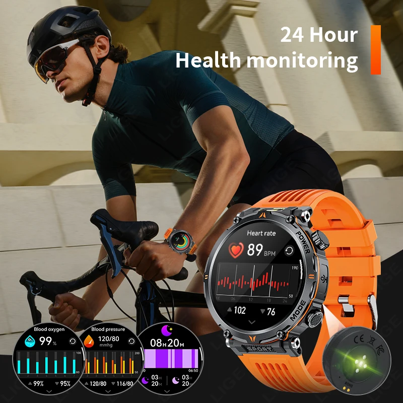 LIGE 2025 Military Smartwatch Men IP68 Bluetooth Call Outdoor Sports Fitness Track 600Mah LED Light Smartwatch For Android IOS