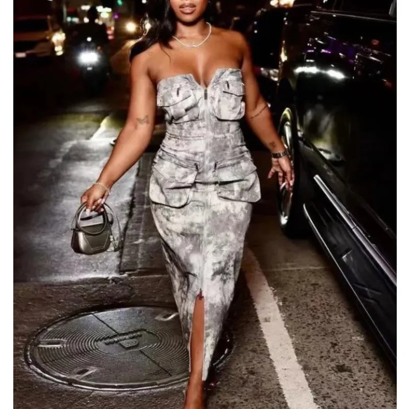 

2023 New Trendy Women Dress Sexy Printed Pockets Strapless Wrap Chest Zip-Up Bodycon Dresses Clubwear