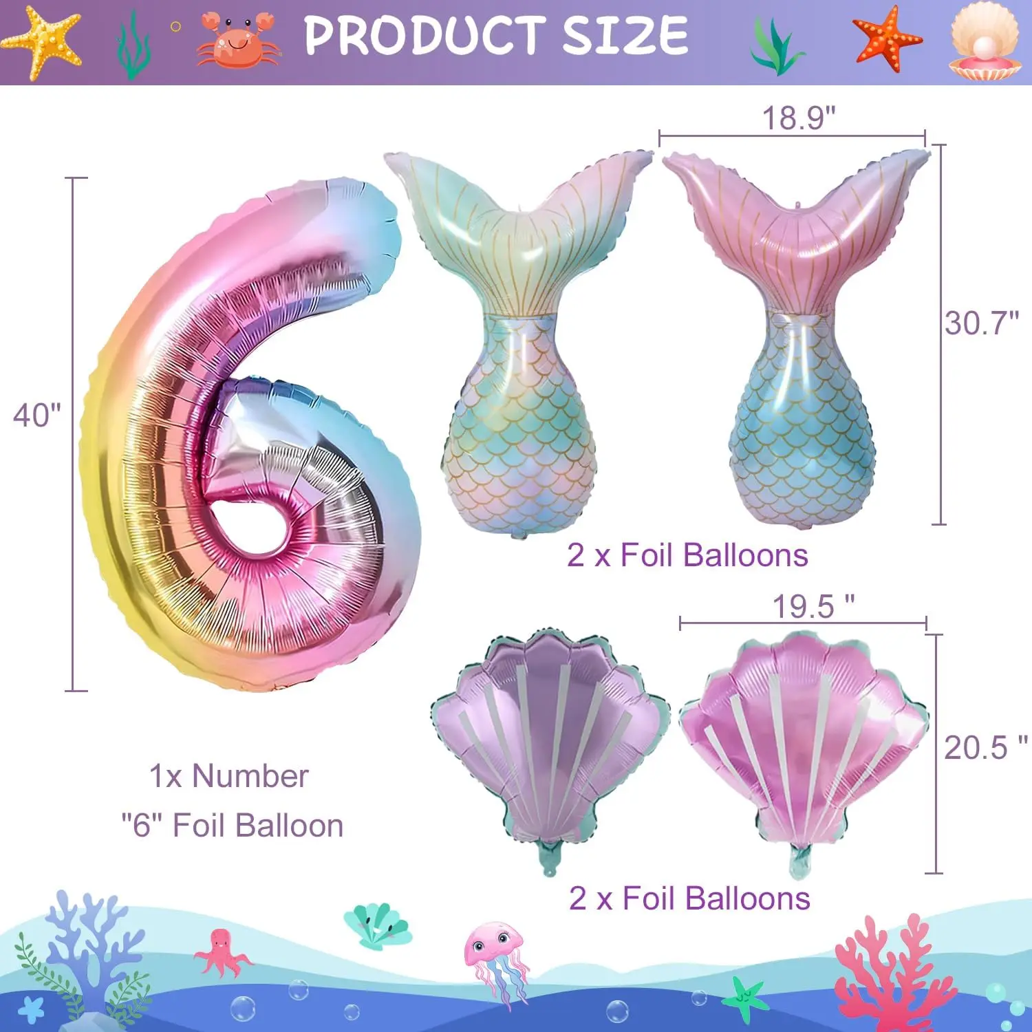 40 Zoll/21-teiliges Meerjungfrauen-Geburtstagsdekorations-Set, riesige Folienballons für 3/4/5/6-jährige Mädchen, Unterwasser-Themenparty-Ballonset – Detail 7
