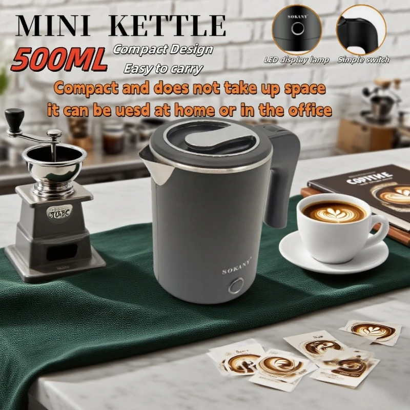 Travel Electric Kettle 500ML Stainless Steel Portable Water Boiler for Tea Coffee Family Hotel Camping Kitchen Smart Kettle