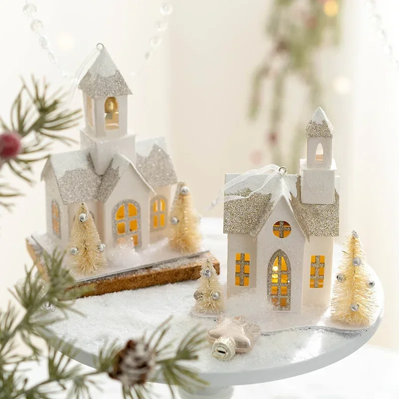 

Ins Nordic Christmas Light Paper House White Snow Luminous Cabin Xmas Tree Hanging Ornament Glow Castle Kids Gift New Year 2024