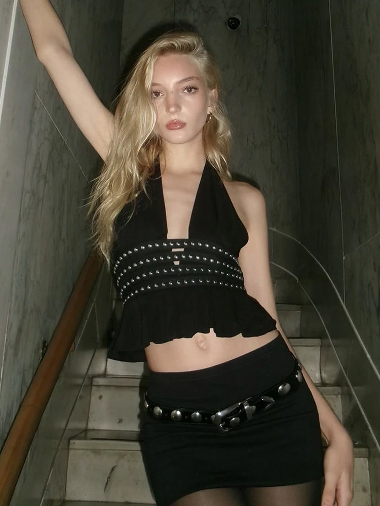 Nibber Rivet Decoration Vests Women Halter v-Neck Ruffles Backless Sexy Midnight Street Summer Hottie Hipster Coquette Tops