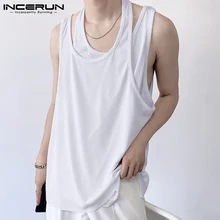 

Korean Style Men's Sexy Leisure Waistcoat INCERUN Tops 2022 Fashion Male Fake two-piece Stylish Knit Sleeveless Tank Tops S-5XL