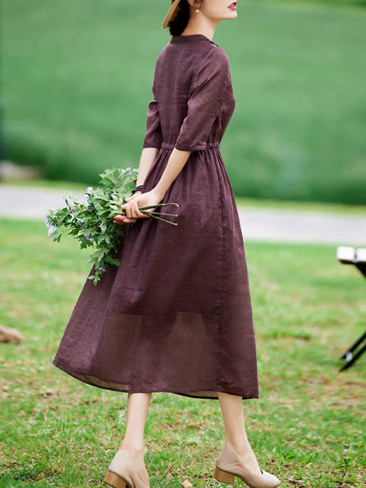 2025 Summer Solid Color V-Neck Drawstring Dresses Women Casual Elegant Long Dress Office Lady Work Vestidos Fashion Clothing