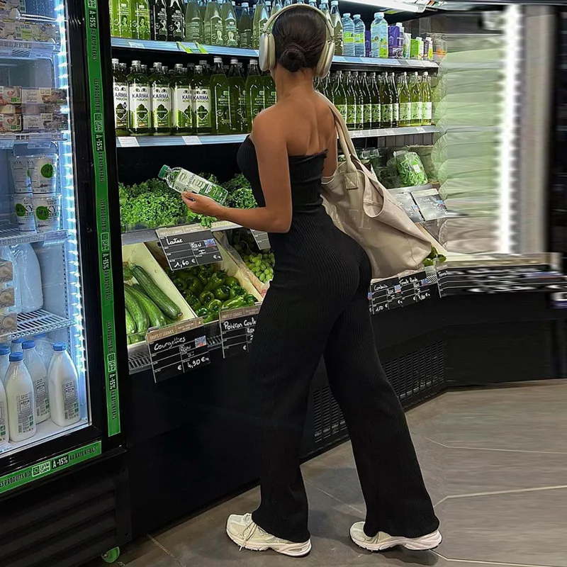 InsLike Tube Sexy Ribbed Black Strapless Sexy Skinny One Piece Jumpsuit Summer Fashion Women Streetwear Vacation Romper Overalls