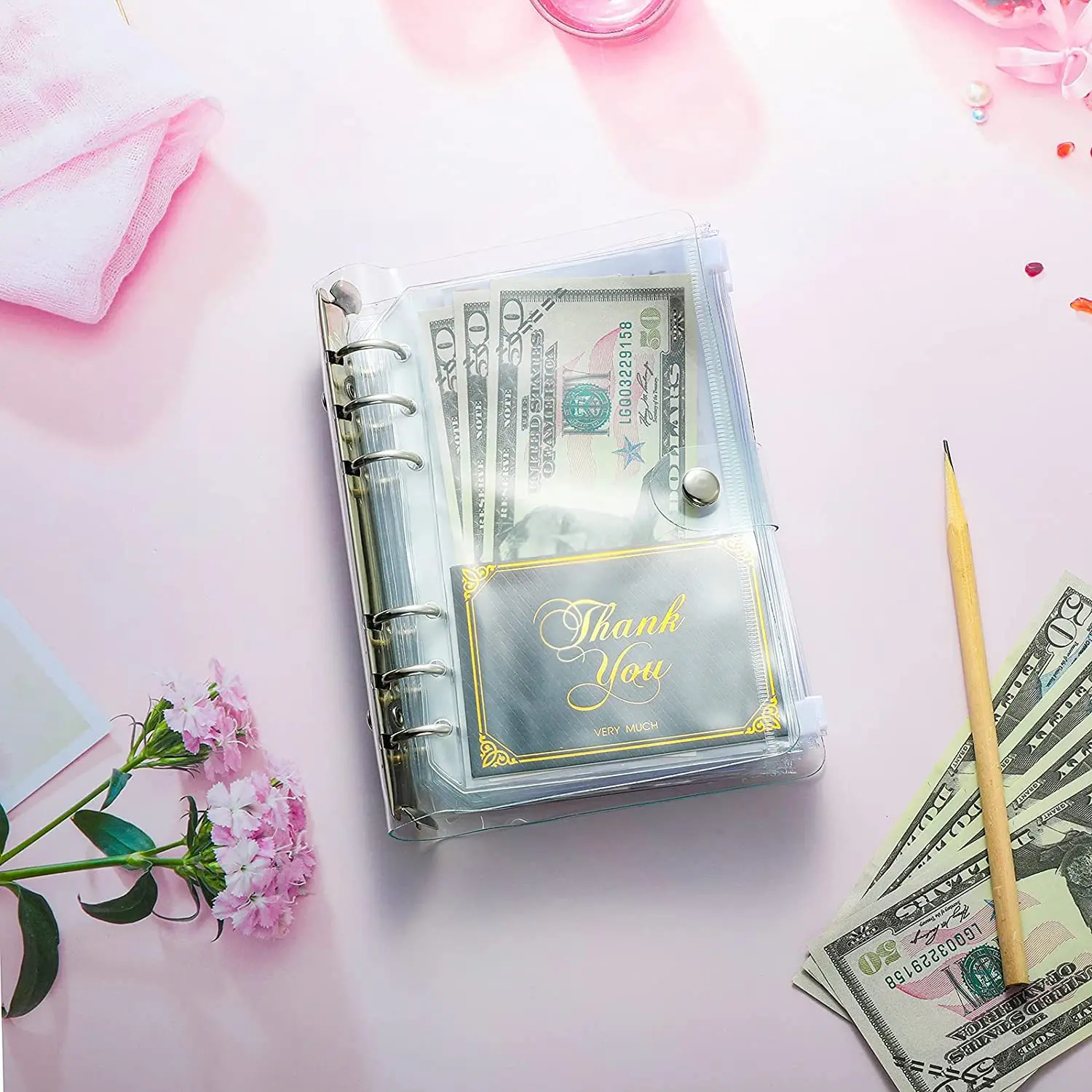A5 A6 Transparent Binder Budget Planner Organizer 6 Ring Cover 6Pcs Pockets 12 Expense Budget Sheets