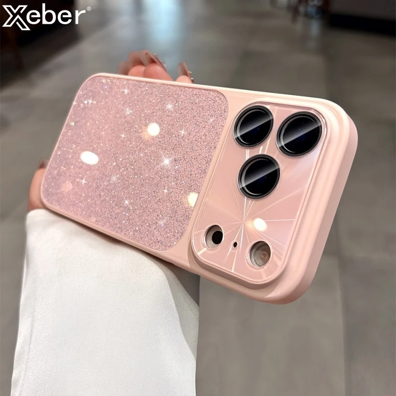 Luxury Bling Glitter Glass Case with Lens Protection and Shockproof Hybrid Bumper