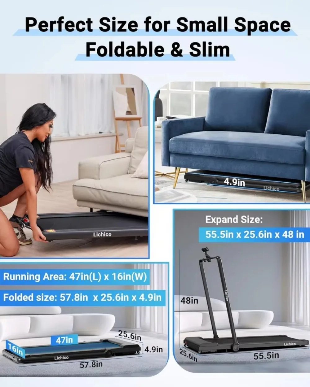 Under Desk Treadmill 2 in 1 Portable Folding Treadmill 2.5-3.0HP Brushless Motorized Electric Walking Larger Running Area