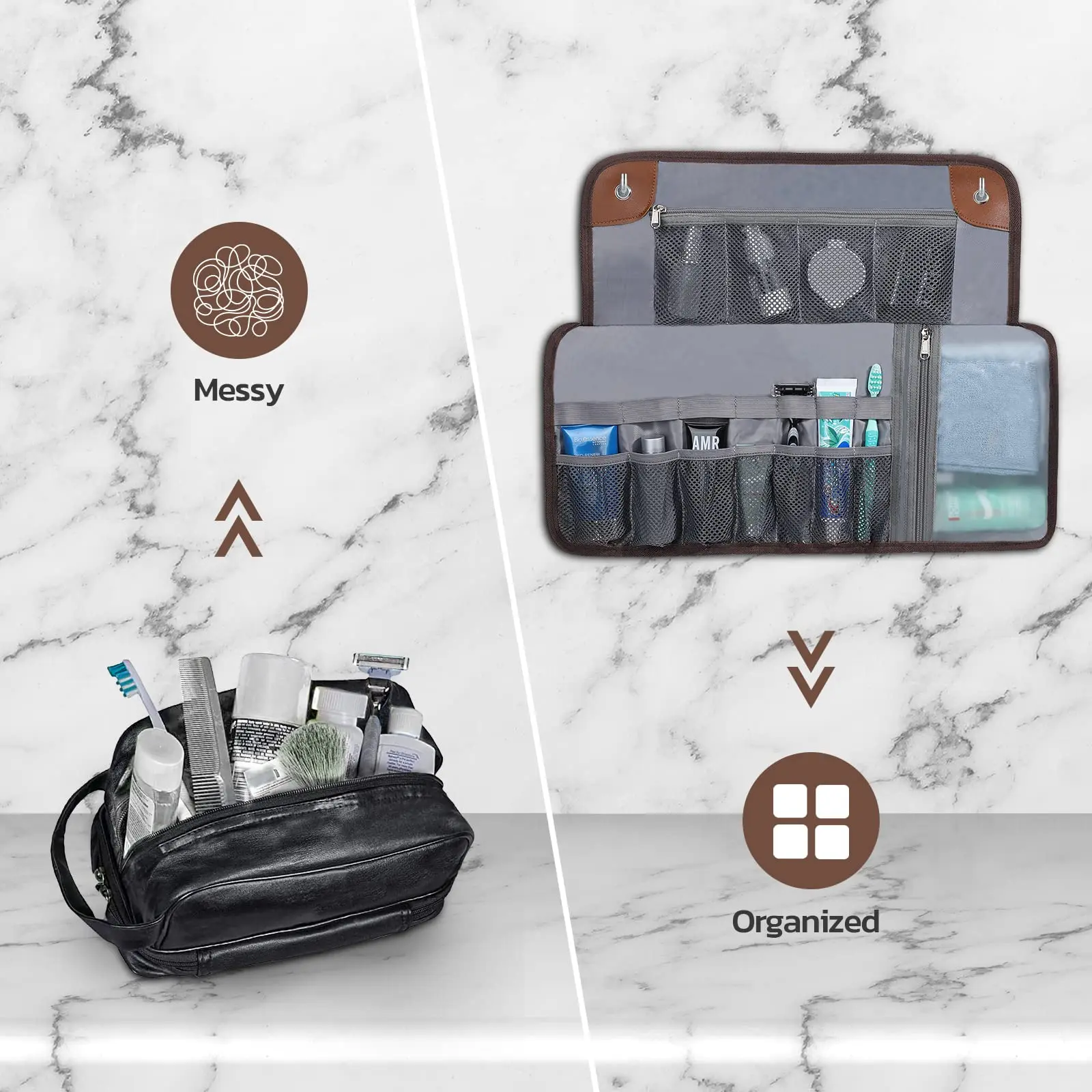 Men's Travel Toiletry Organizer - Water-Resistant Hanging Shaving Bag in PU Leather