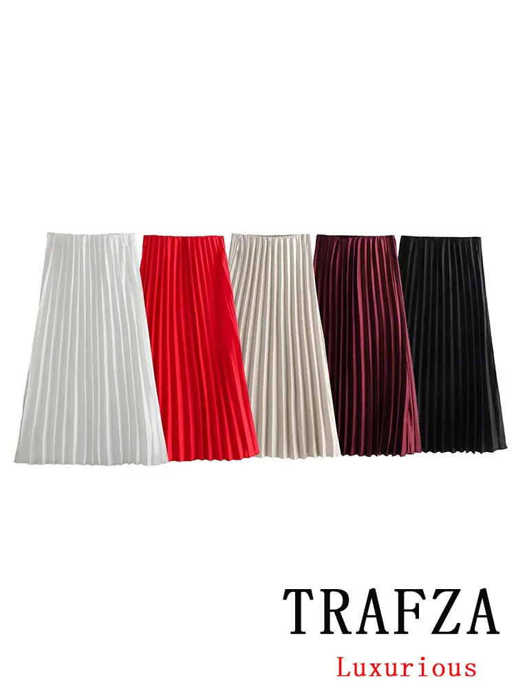

TRAFZA Casual Vintage Chic Women Skirt Solid Loose Folds Long Straight Skirt New Fashion 2024 Spring Office Lady Folds Skirt