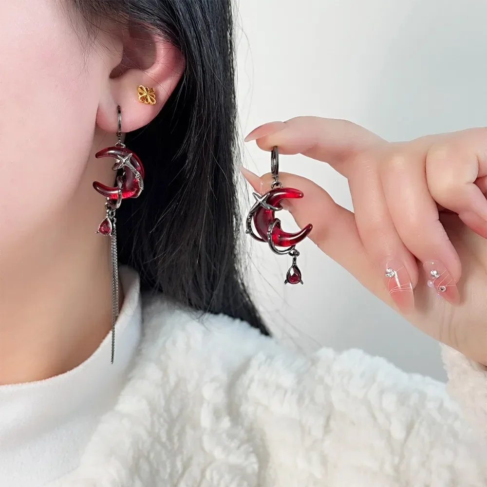 Gothic Style Asymmetry Red Moon Rose Earrings for Women Personality Crystal Drop Pendant Earrings Jewelry