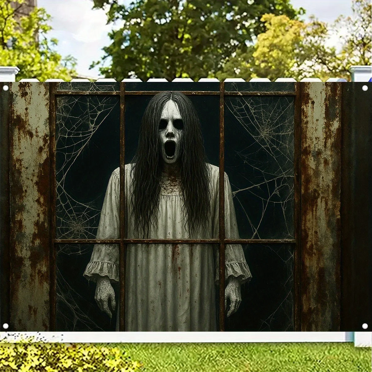 1 Stück Halloween-Banner mit rostigen Fenstern – Gothic-Horror-Hintergrund aus strapazierfähigem Polyester und Spinnhaus im Spinnennetz-Design