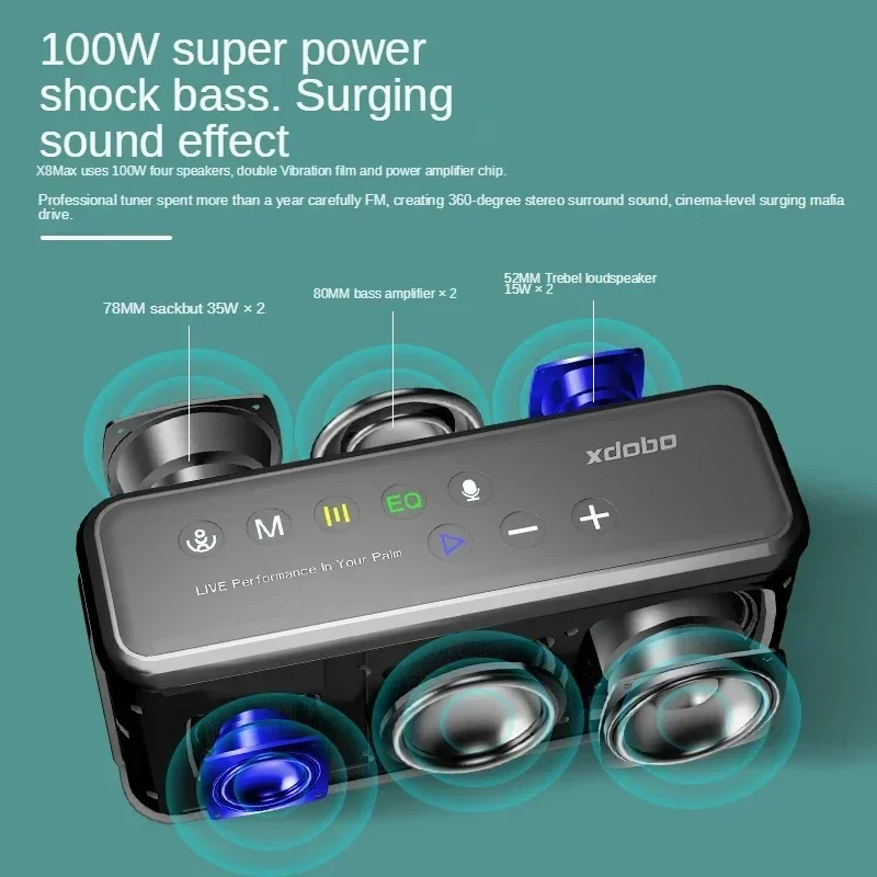 XDOBO 고출력 휴대용 블루투스 스피커, X8 Max 100W, TWS 홈 시어터 스테레오 서라운드 서브우퍼, 야외 방수 청중