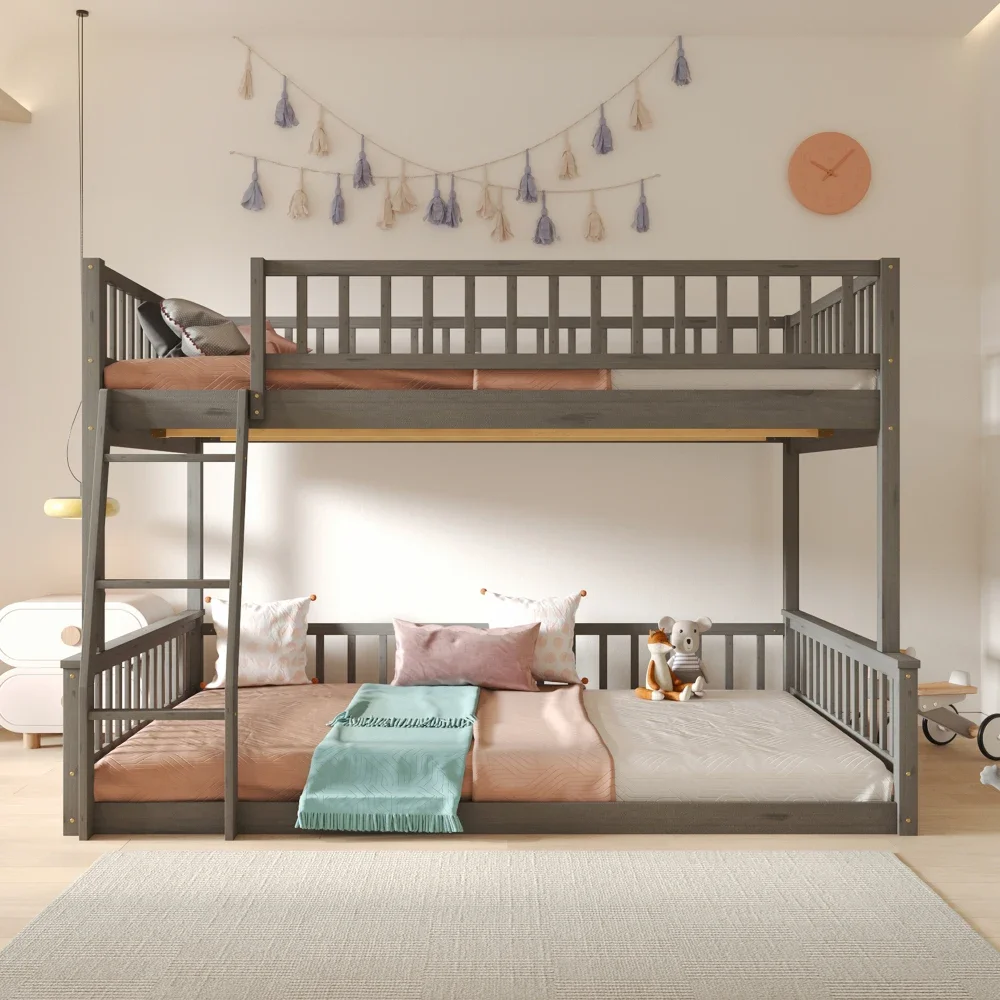 Children Beds Twin XL Over Queen Bunk Bed with Ladder and Guardrails, Walnut Kids Furniture Bed for Boys Bunk Beds Bed for Girls 3