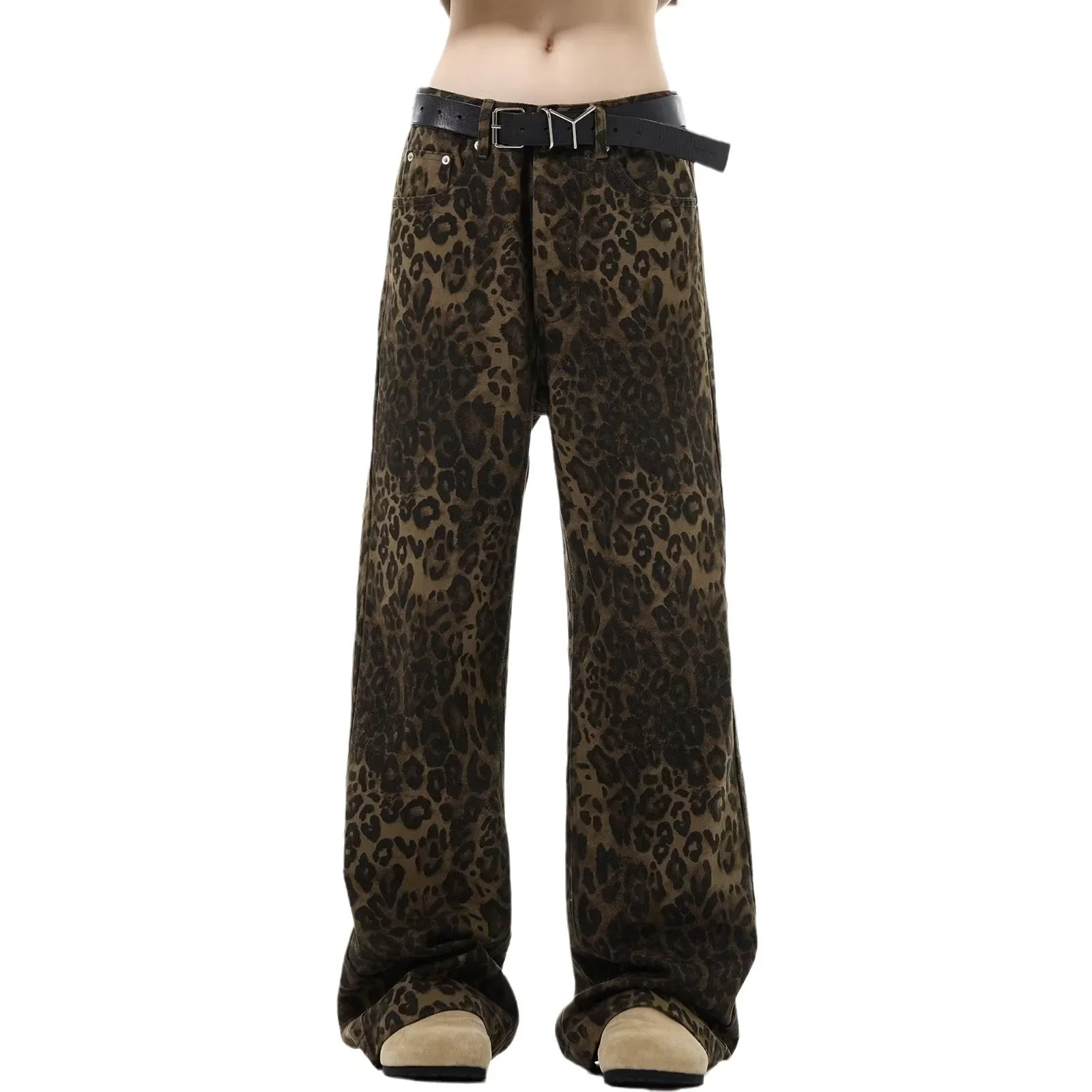 

Women Causal Loose Leopard Print New Spring Baggy Wide Leg Pants Fashion Retro Straight Streetwear