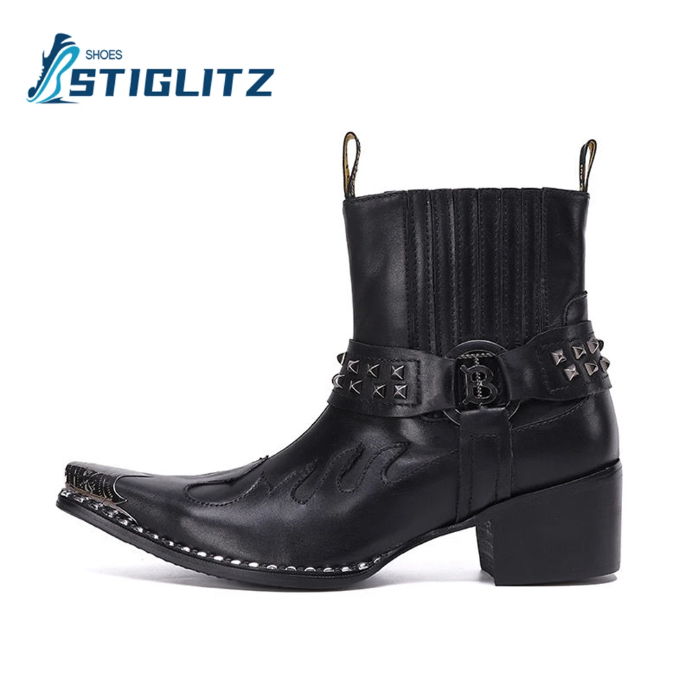 BlackWrinkledGenuineLeatherAnkleBootsMetalRivetBucklePointed