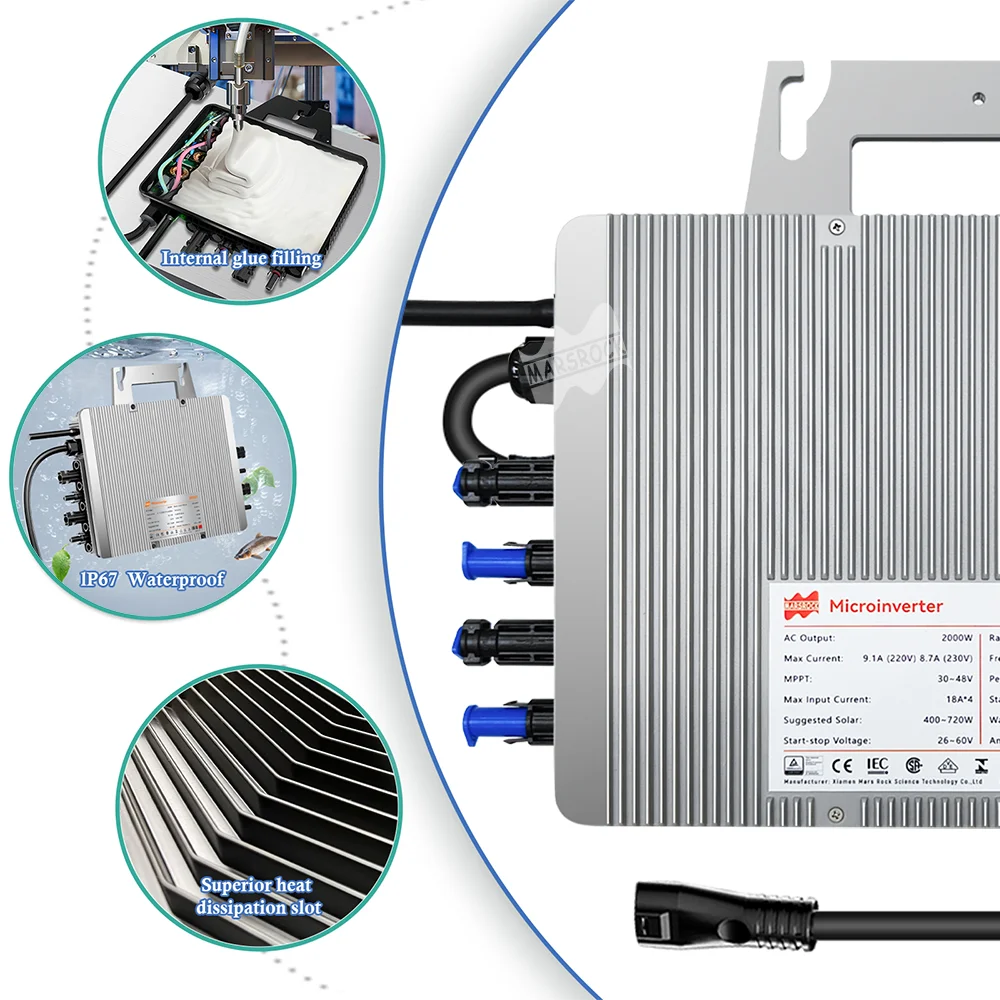 태양광 그리드 연결 마이크로인버터 DC26-60V에서 AC230V로 변환 2000W 태양광 패널 컨버터 (태양광 패널 4개 400-720W용 그리드 연결 인버터)