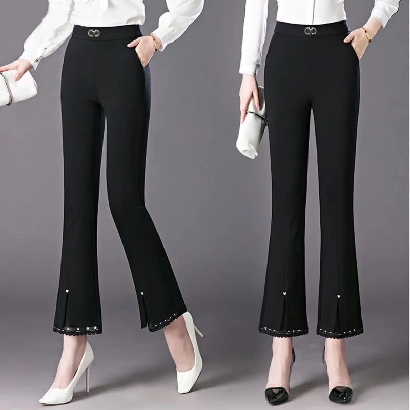 Womens Autumn and Winter Fashion High Waist Fleece Elastic Solid Lace Pockets Splicing Cultivation Versatile Micro-flared Pants