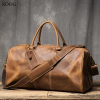 ROOG Premium Vintage Leather Tote Bag - Rugged First Layer Cowhide, Large Capacity Duffle for Travel, Stylish Crossbody 1