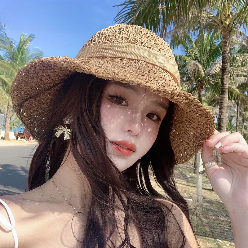 Straw Hat Female Summer Beach Seaside Sunscreen Fisherman's Hat UV Protection Sun Hat Shade Sunscreen Hat 2023 Net Red Summer 1