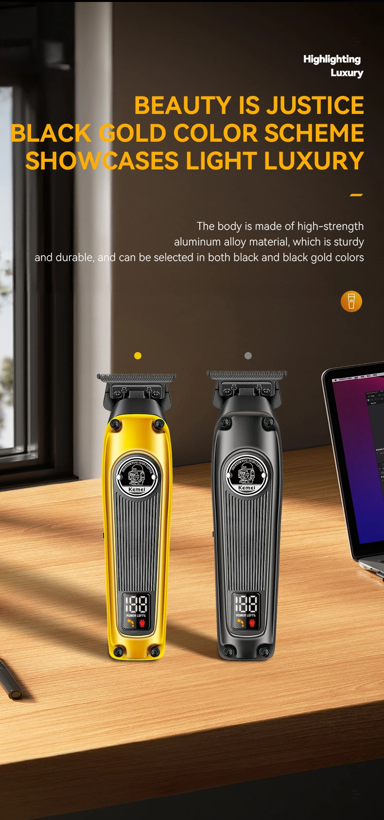 Kemei-Barbeiro Profissional Cordless Hair Trimmer, Brushless Motor,