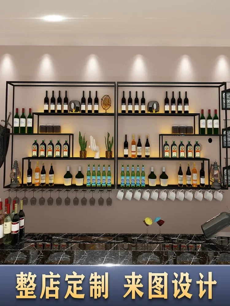 Bar wrought iron luminous retro bar wine rack Bar counter wall-mounted wine cabinet Home creative rack Display