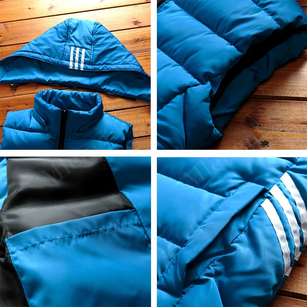 Men Vest Simple Solid Thermal Sleeveless Jacket Hat Detachable Fashion Stripe Coats Windproof Thicken Unloading Waistcoat