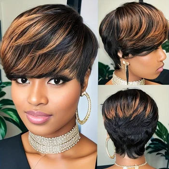 Short Human Hair Wigs for Women Pixie Cut Wig 1/30 Highlight with Bangs Machine Made 4