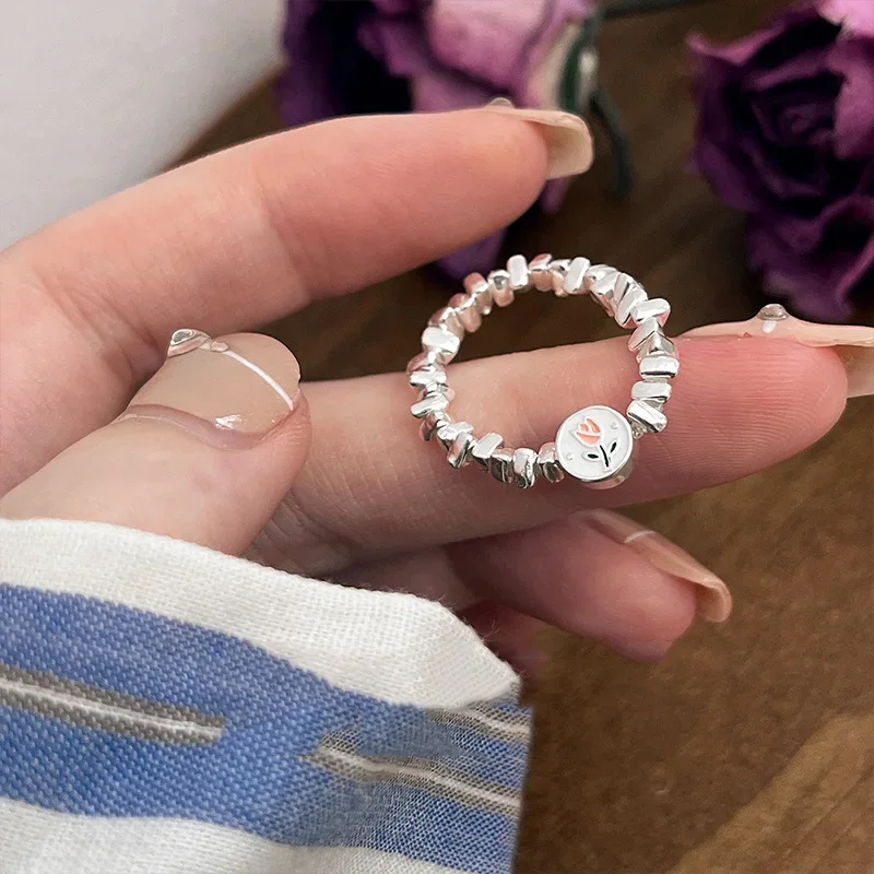 

Exquisite Tulip Flower Silver Beaded Rings for Women Girls Fashion Creative Irregular Geometric Birthday Party Fine Jewelry Gift