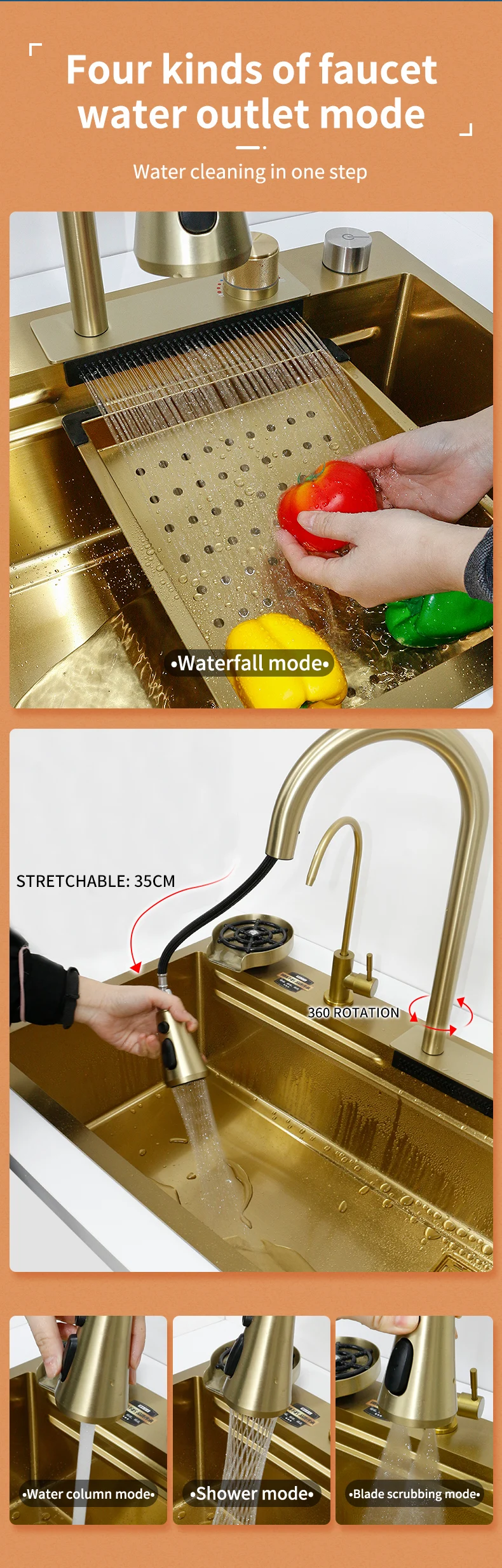 Description Picture 3 of itemGolden Nano Multifunctional Kitchen Sink 4 Mode Waterfall Faucet Large Single Bowl Soap Dispenser Pure Tap Cup Washer SUS304