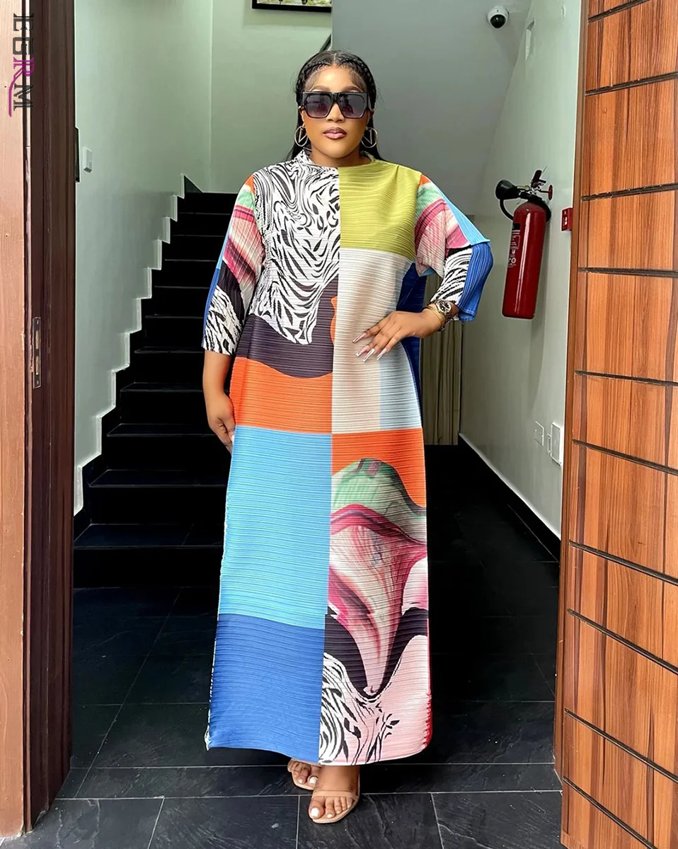 

EGRM Miyake Maxi Geometric Print Pleated Dress Color Block O-Neck Full Sleeve Temperament Dresses for Women 2023 New 6GR28197