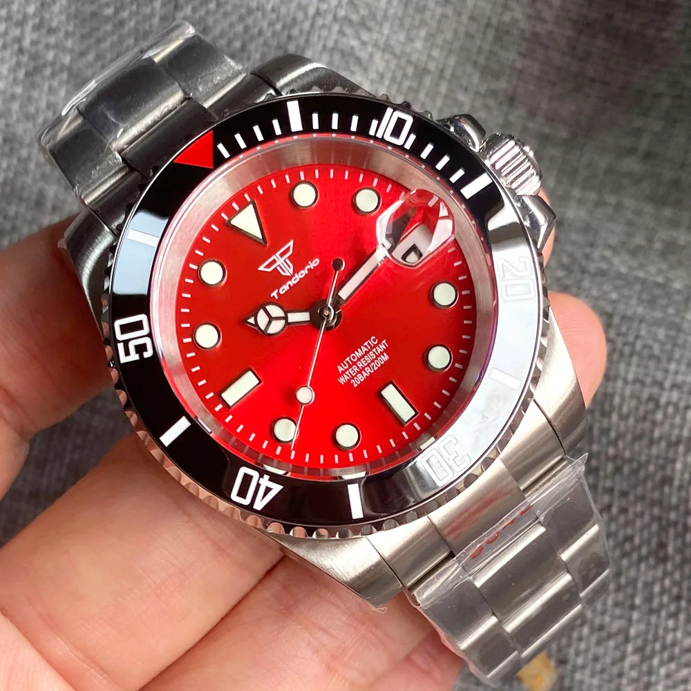 

20ATM Diver Tandorio 40mm Red Sunburst Dial Japan NH35A Mechanical Automatic Men's Watch Sapphire Glass Date Luminous Cyclops