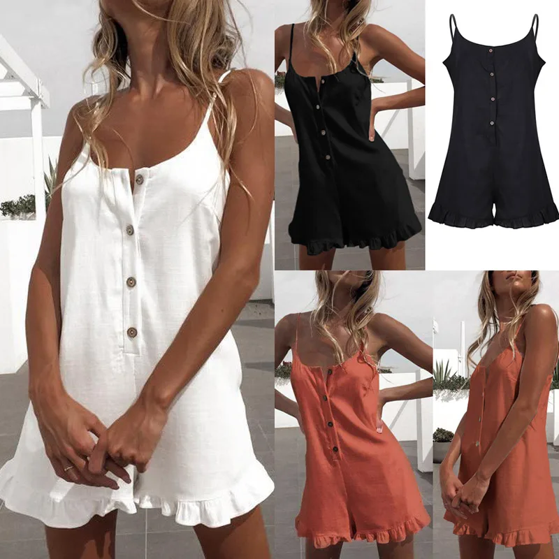 

Summer Ladies Sexy Tank Playsuits Fashion Women Spaghetti Strap Button Down Ruffles Jumpsuit Shorts Femme Clothing