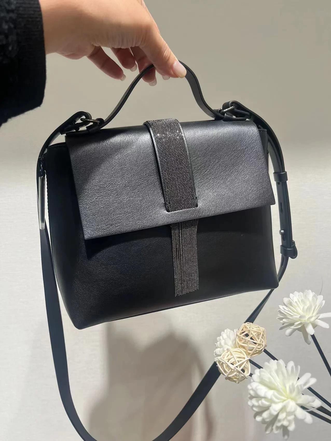Women's Real Leather Handbag Beaded Chain Fashion Ladies Shoulder Bag 4