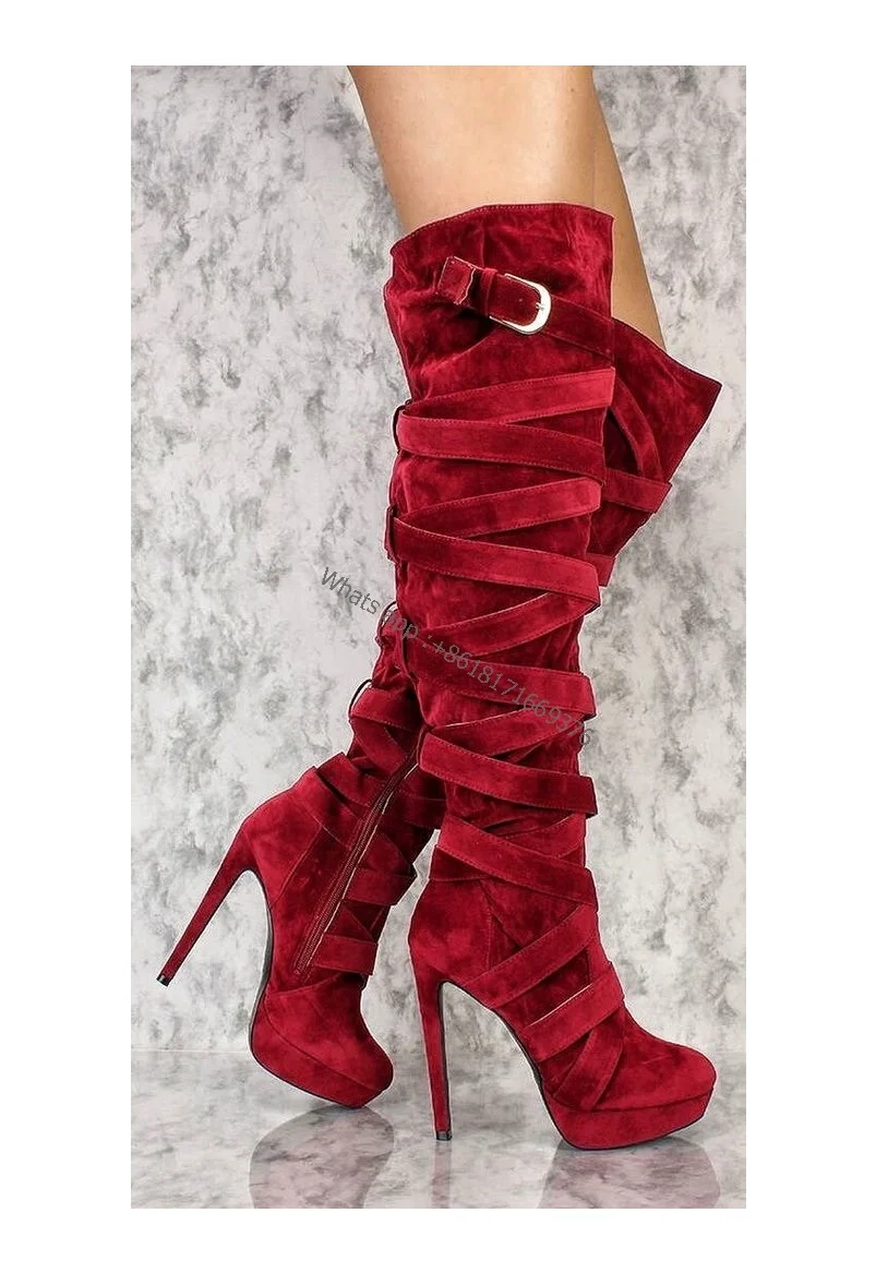 

Thin High Heel Burgundy Wrap Around Strappy Thigh High Boots Sexy Round Toe Faux Suede Buckle Boots Women Fashion Shoes New 2022