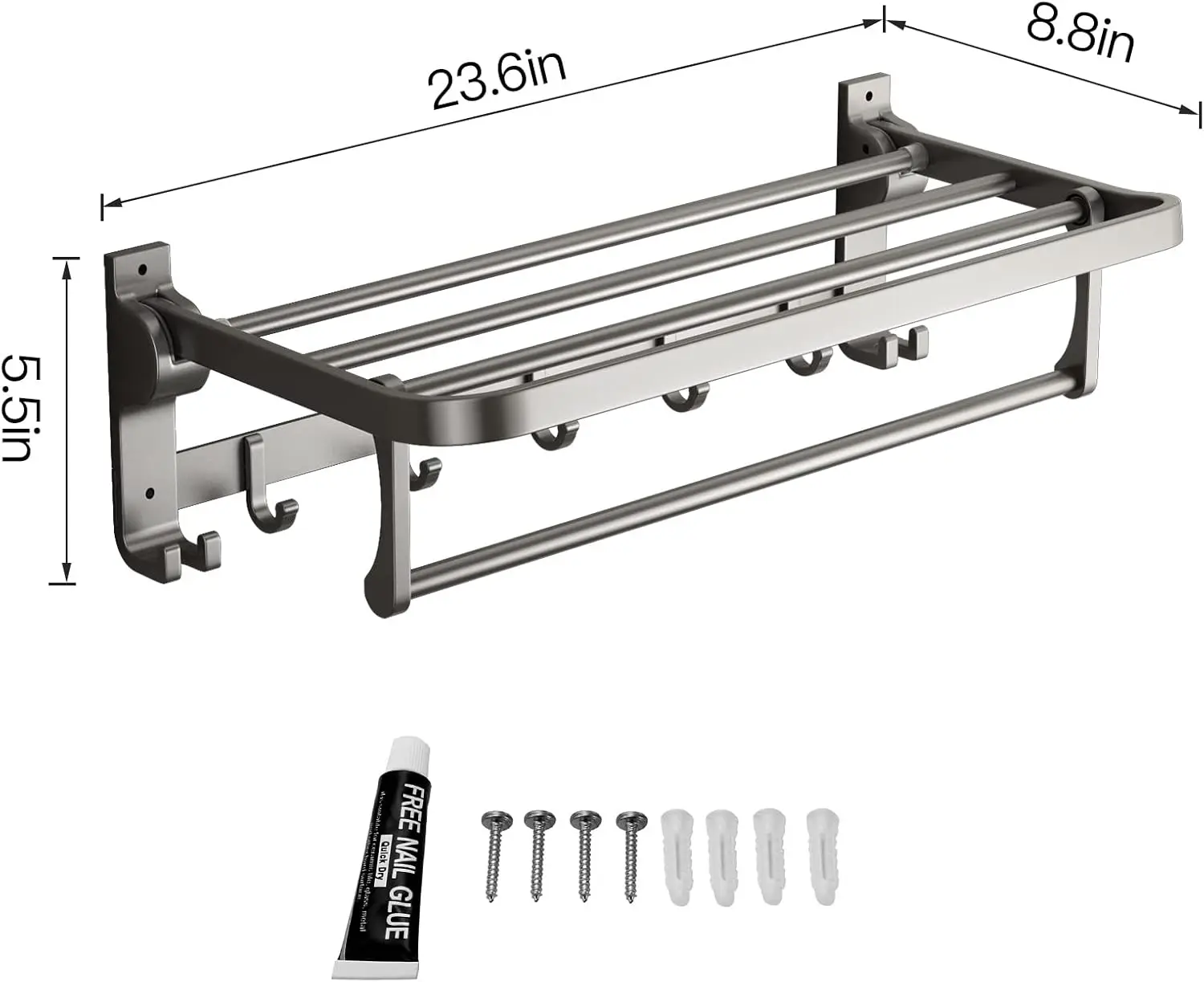 Bathroom Towel Rack with Towel Bar andHooks 23.6 inFoldable Shelf Wall Mounted Lavatory Organizer Modern Gray Finish