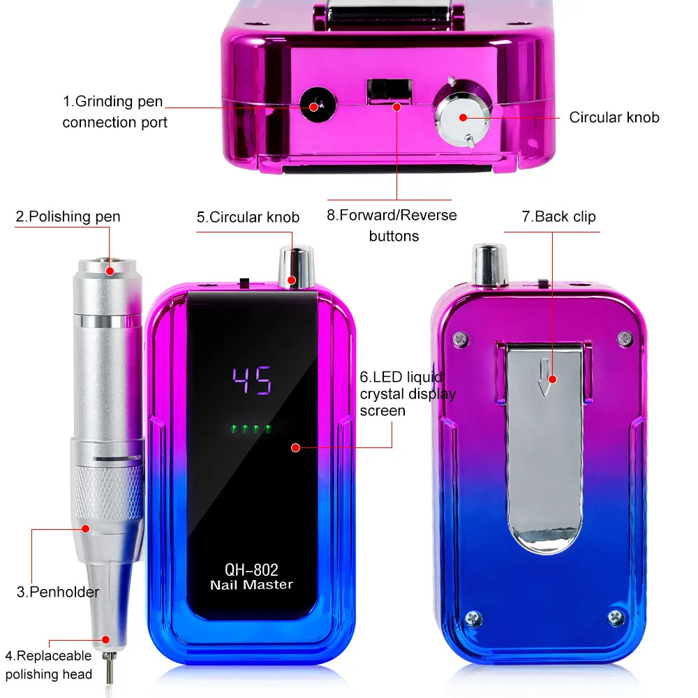 USB 커넥터가 있는 충전식 네일 드릴 머신, 네일 광택제 리무버, 전기 드릴 세트, 매니큐어 샌딩기, 저소음 나노, 45000RPM