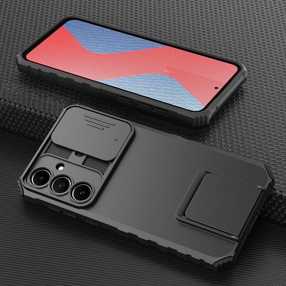 Enhanced Shockproof Phone Case with Slide Camera Lens Protection and Live Stand Feature