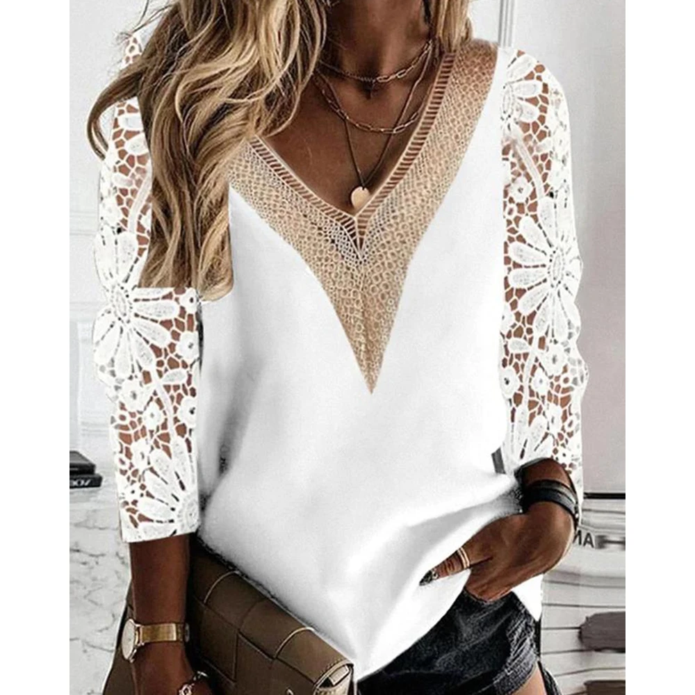 

Casual Women Crochet Paneled Contrast Lace Patch V-Neck Top Long Sleeve Tee Summer T Shirt Blouses Female Summer Streetwear