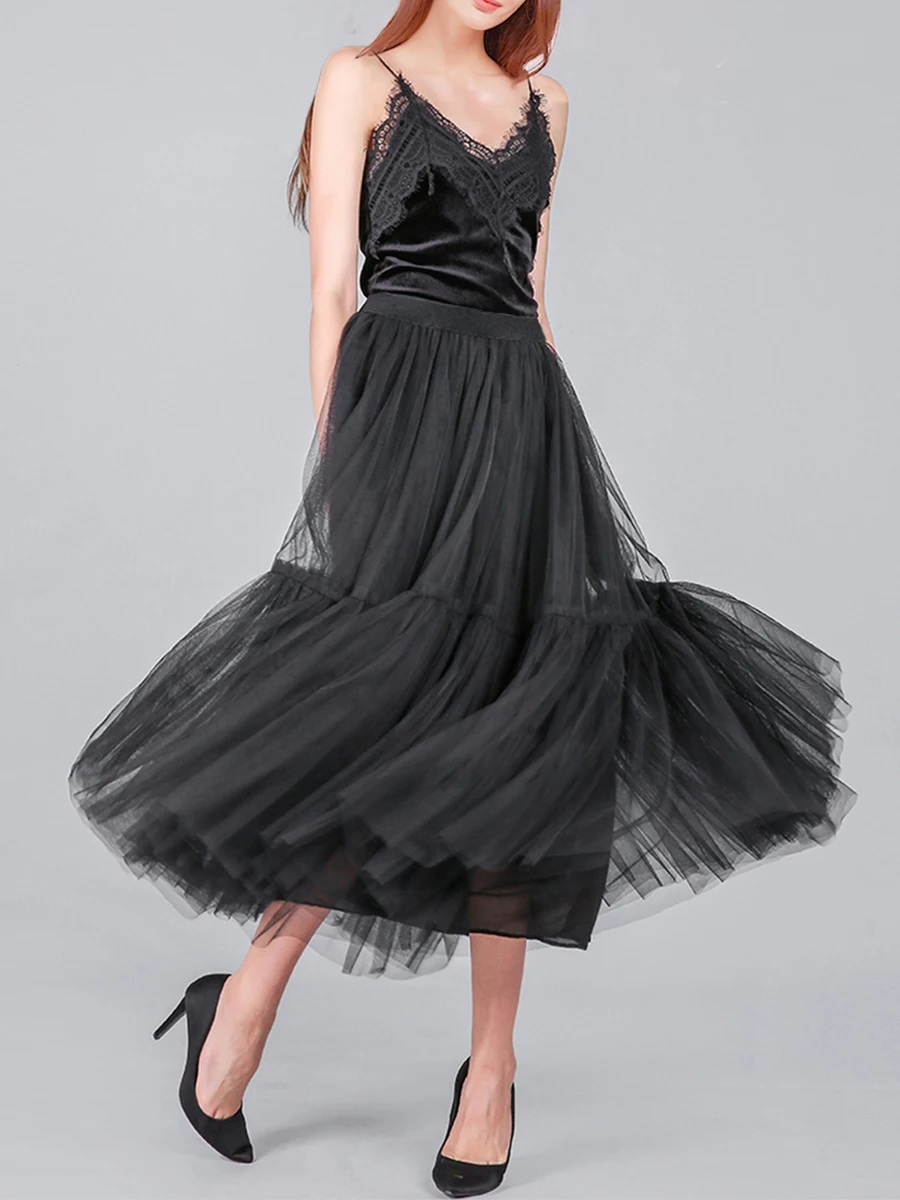 

Domingbub Falda midi para mujer cintura alta acampanada encaje elástico patchwork tul plisado falda de enagua