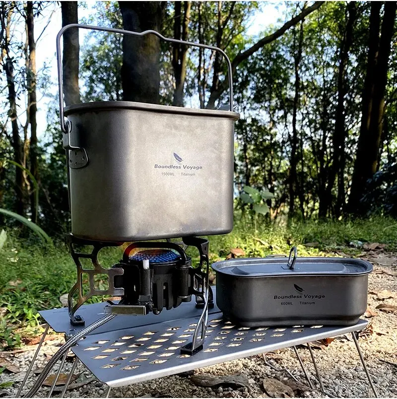 Titanium Hanging Pot Cup Cooking Set with Lid Folding Handles Outdoor Camping Cookware Mess Kit 1500ML + 600ML camping cookware set camping cookware kitchen utensils