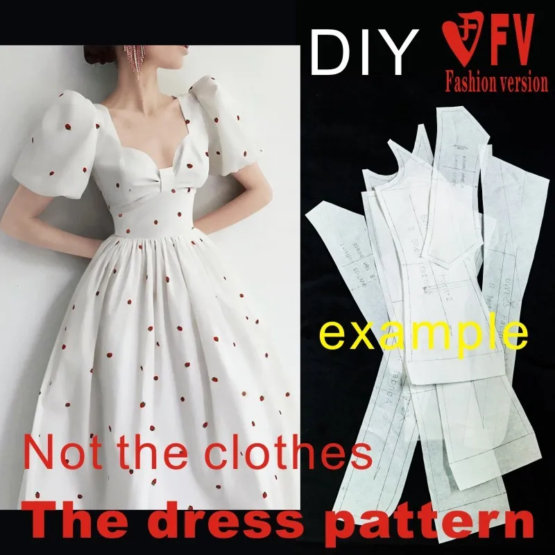 Skirt pattern women's square neck puff sleeve dress clothing cutting structure design drawing 1:1 physical pattern BLQ-682 sewing template
