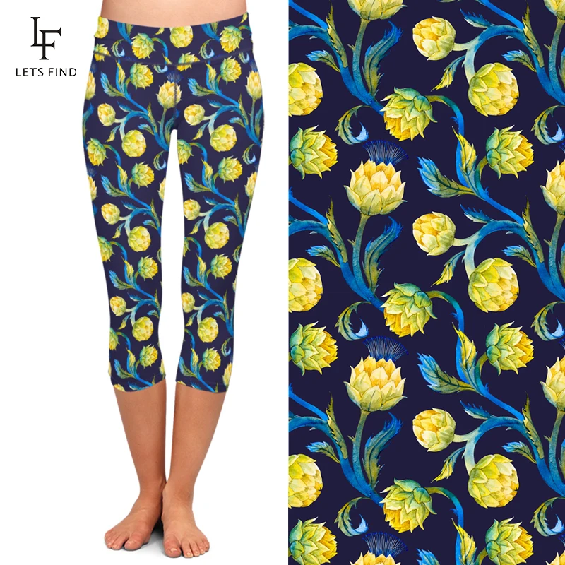 LETSFIND High Waist Slim Women Fashion Flowers Printing Elastic Capri Leggings Summer New Casual  Mid-Calf Pants