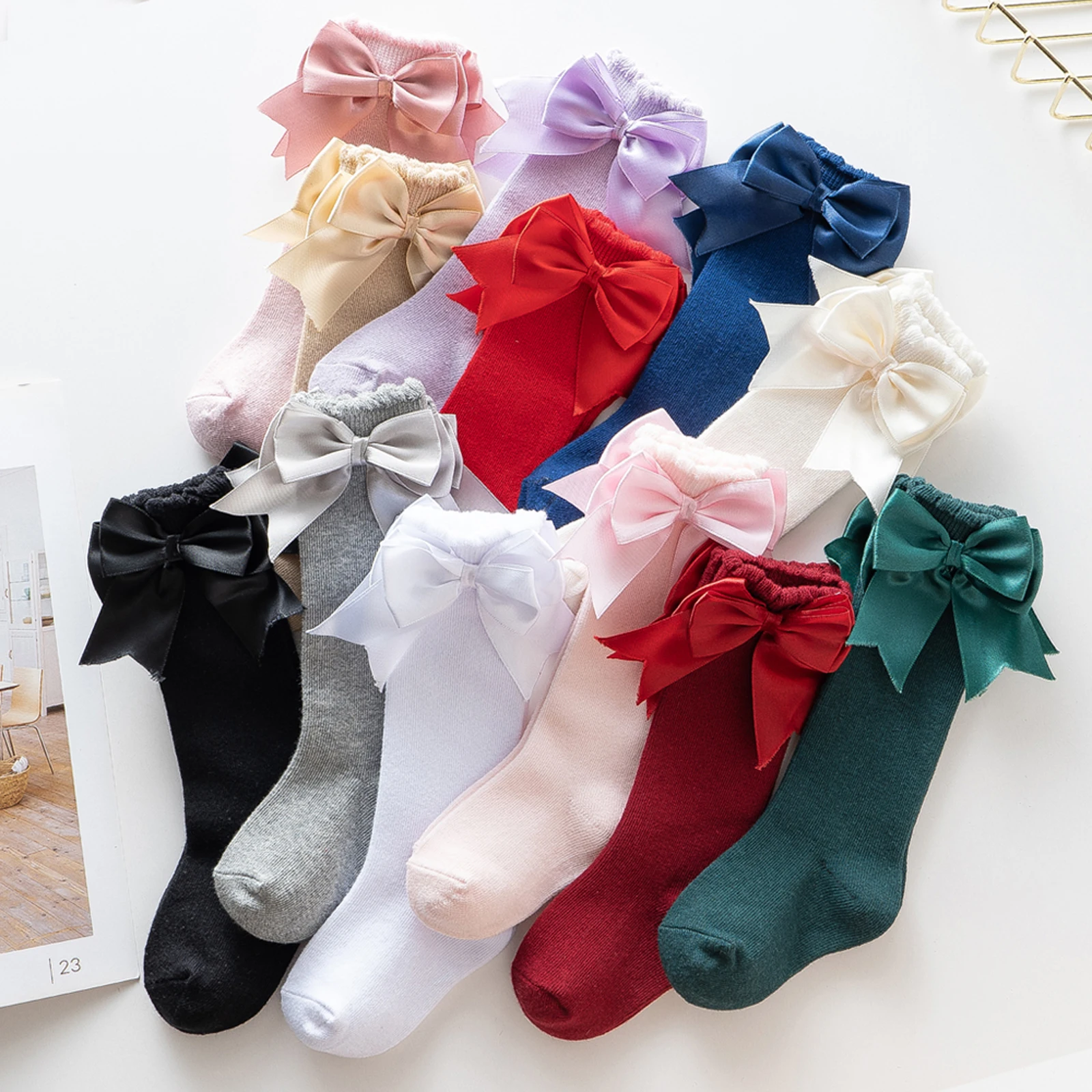 Infant Baby Girls Socks cotton knee high bowknot solid color breathable sock 0-2Y