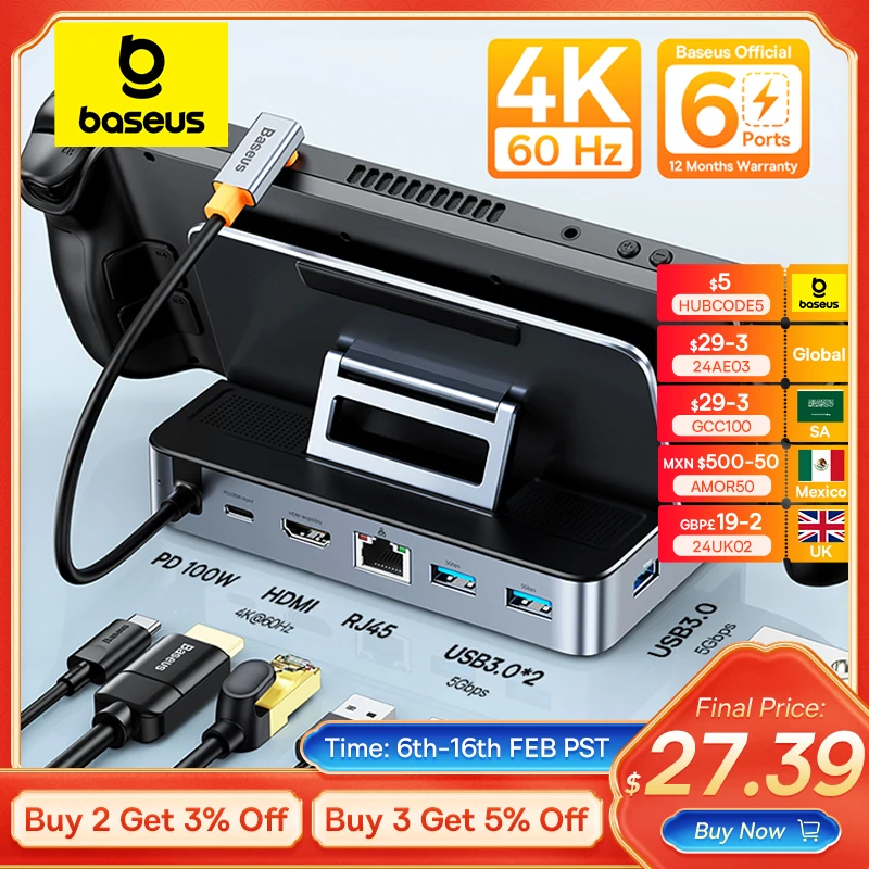 Baseus Docking Station Usb C Per Steam Deck Nintend Switch Tipo C A 4K @ 60Hz Dp Hdmi Compatibile Gigabit Ethernet Hub Usb 3.0