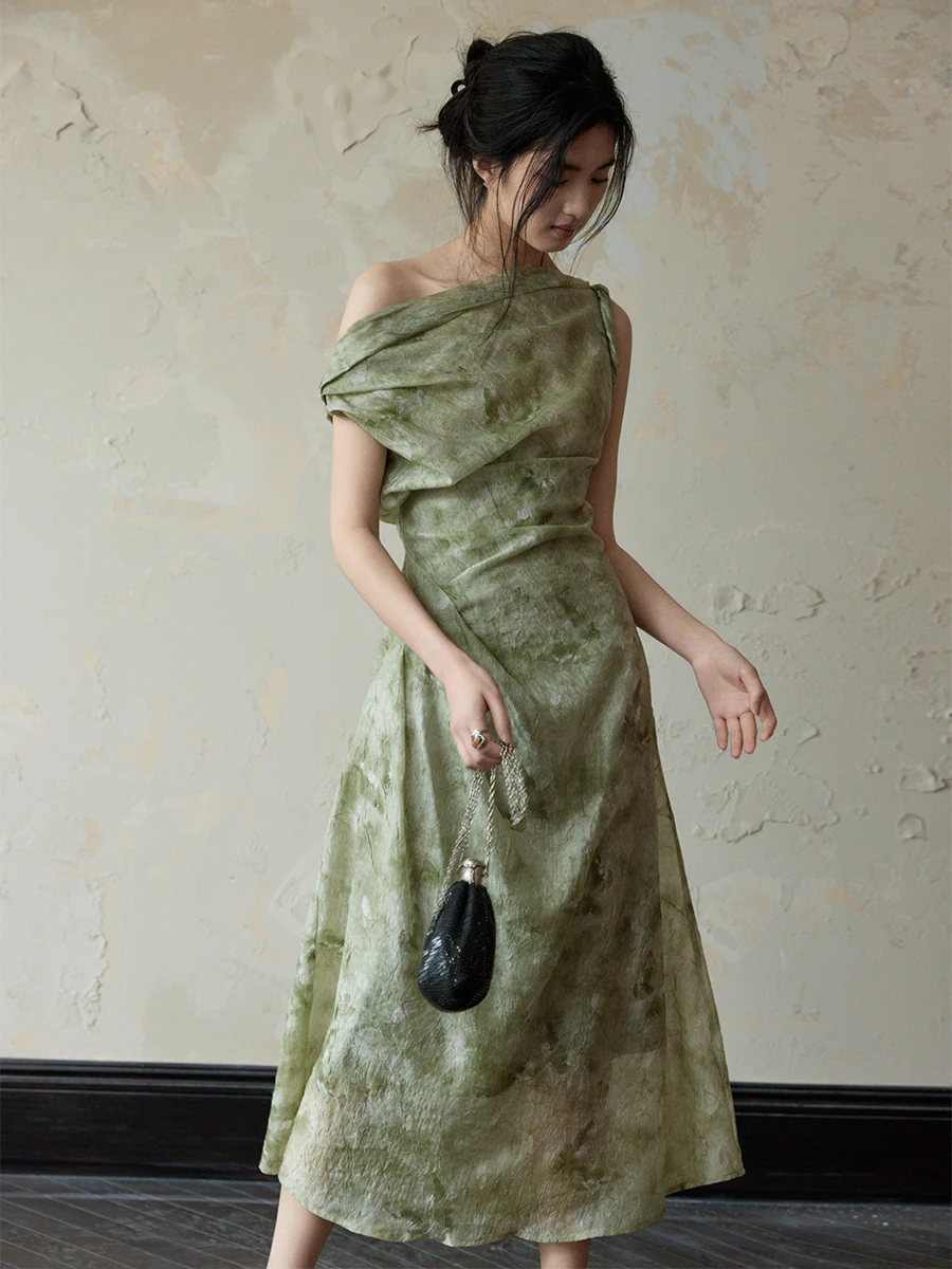 

Texture Butterfly Yarn Asymmetric Dress Elegant Oblique Shoulder Waist off-Shoulder Dress