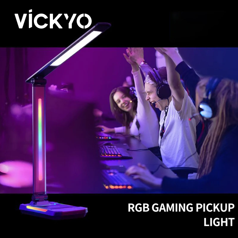 

VICKYO LED Reading Desk Lamp Touch Switches Musical Rhythm RGB Ambient Night Light With Wireless Charging For Games Room Bedroom
