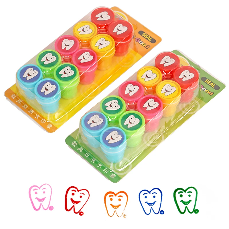 10pcs Colorful Tooth Smiling Shape Stamper Cute Dentist Gift for Kid Children Cartoon Stamp Dentistry Gifts Souvenirs