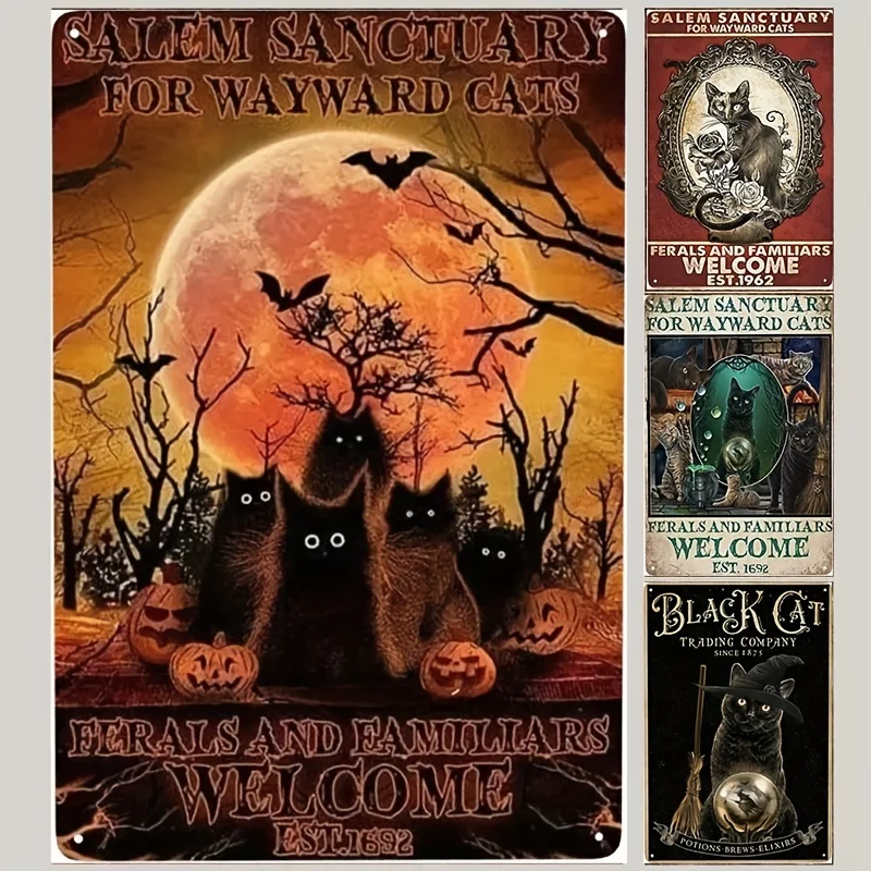 

Black Cat Metal Tin Aluminum Sign Aluminum Sign Black Cat Witch Halloween Horror Tin Sign Wall Art Decor Metal Sign 8x12 In